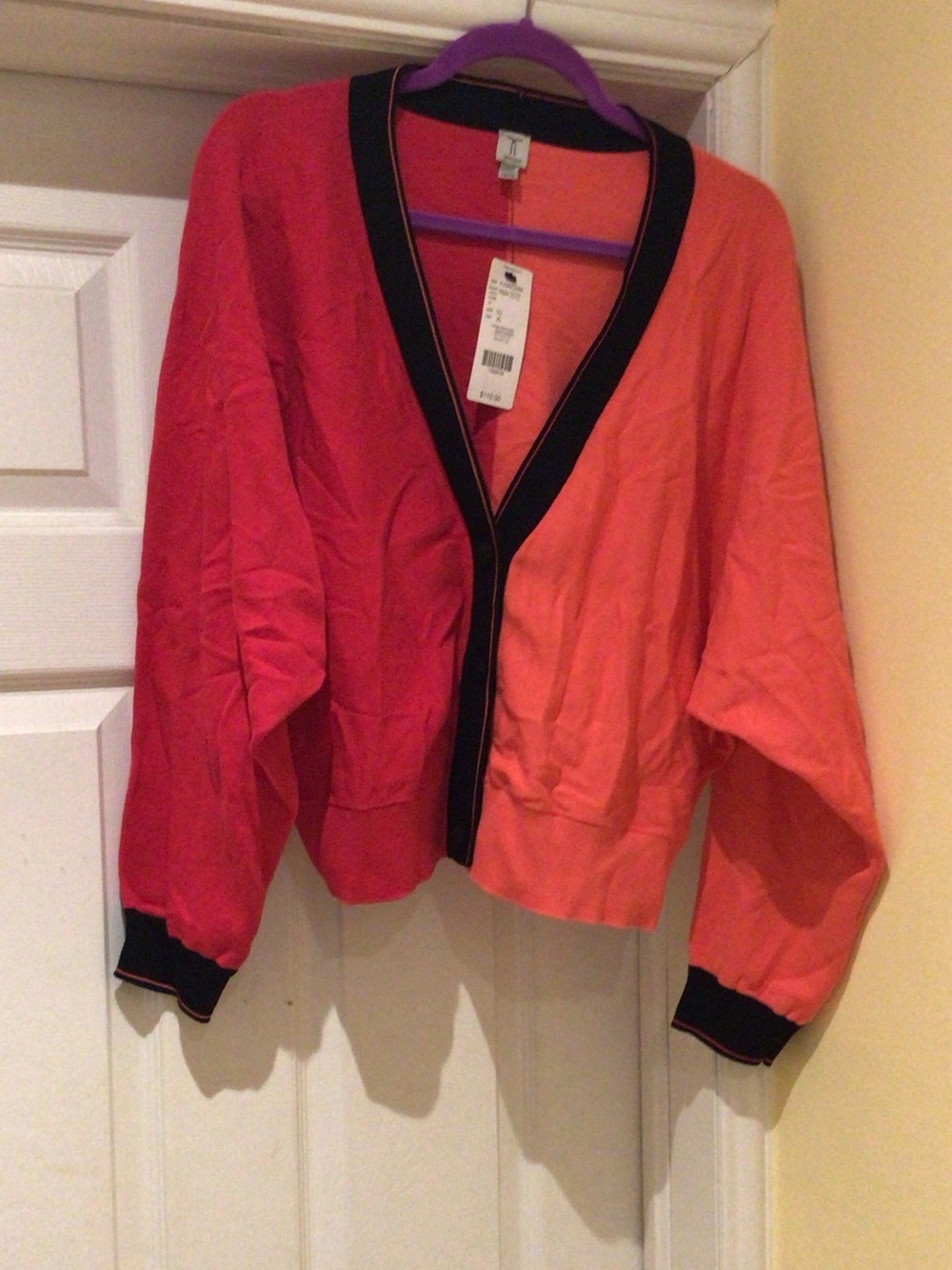 Colorblock Two-Tone Pink and Orange Cardigan with Black Trim